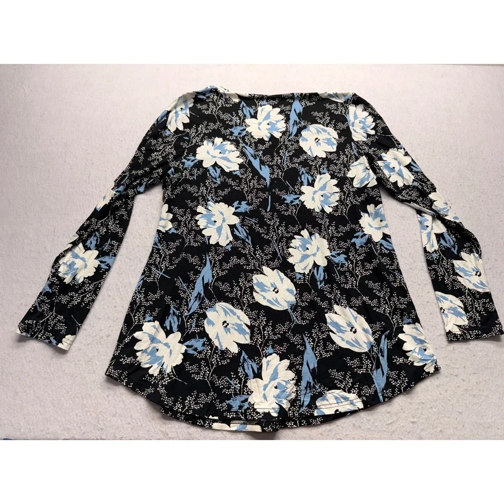 Longyuan Women 2XL Floral Tunic Top Long Sleeve Black Blue Empire Waist Blouse